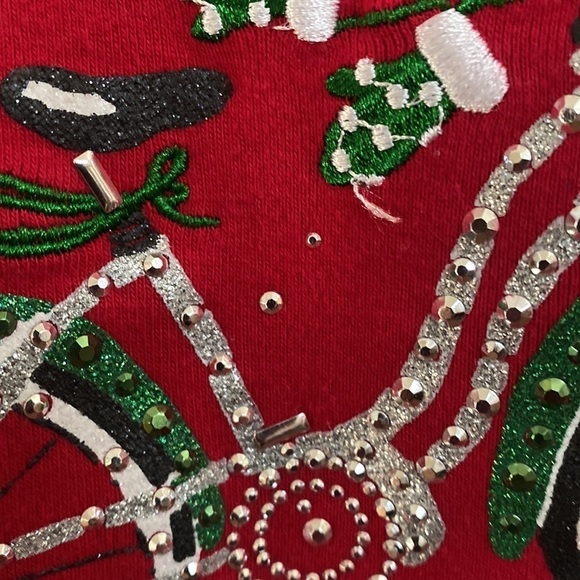 Karen Scott red Christmas long sleeve shirt with whimsical blingy bicycle. 1X - Picture 6 of 8